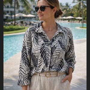 Cynthia Rowley  XL top Black/White LINEN Button Down Long Sleeve Shirt leaves